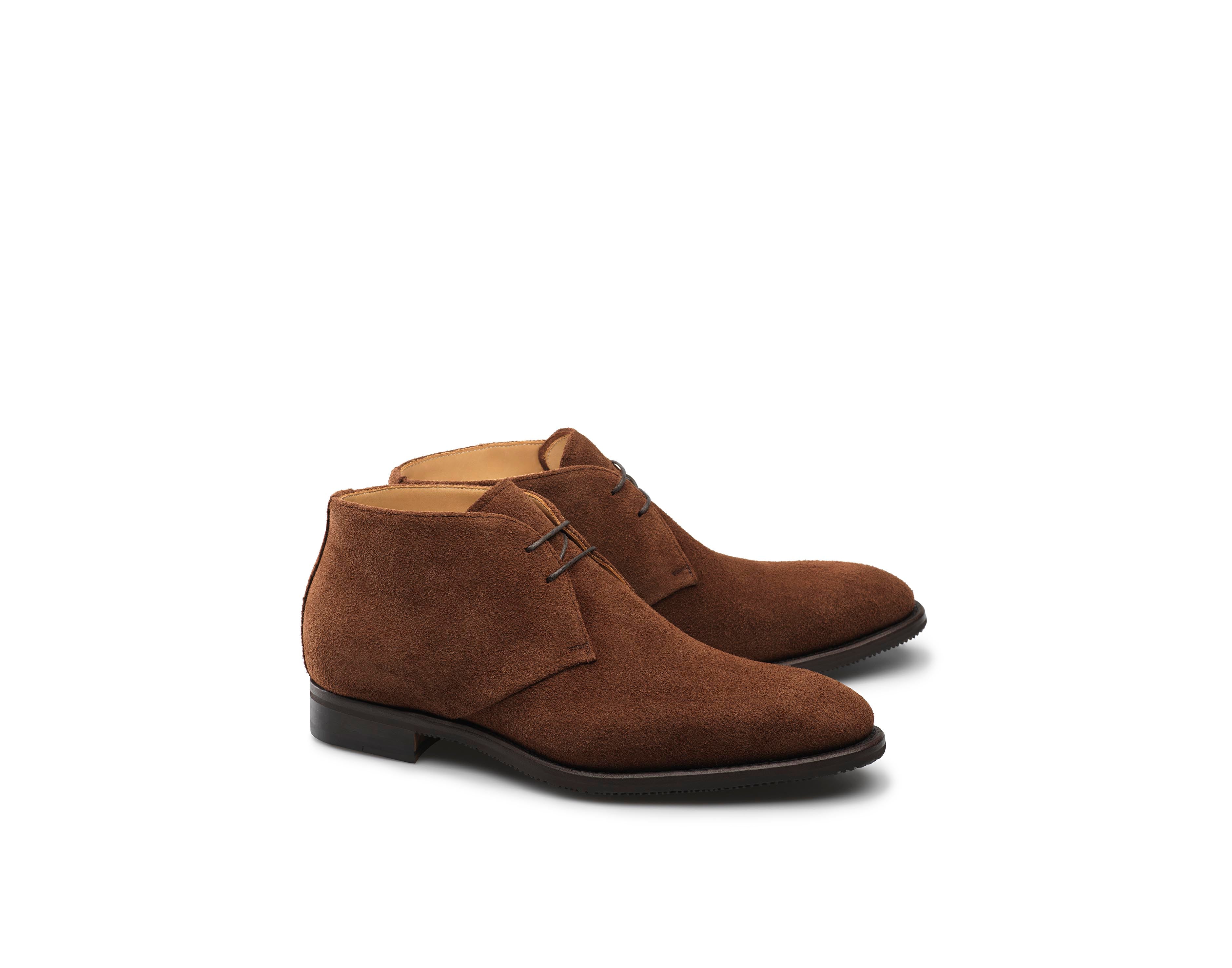 Carlos Santos 1075 Unlined Chukka Boots in Snuff Suede with Goodyear Welted Rubber Sole, 401 Last, Almond Toe