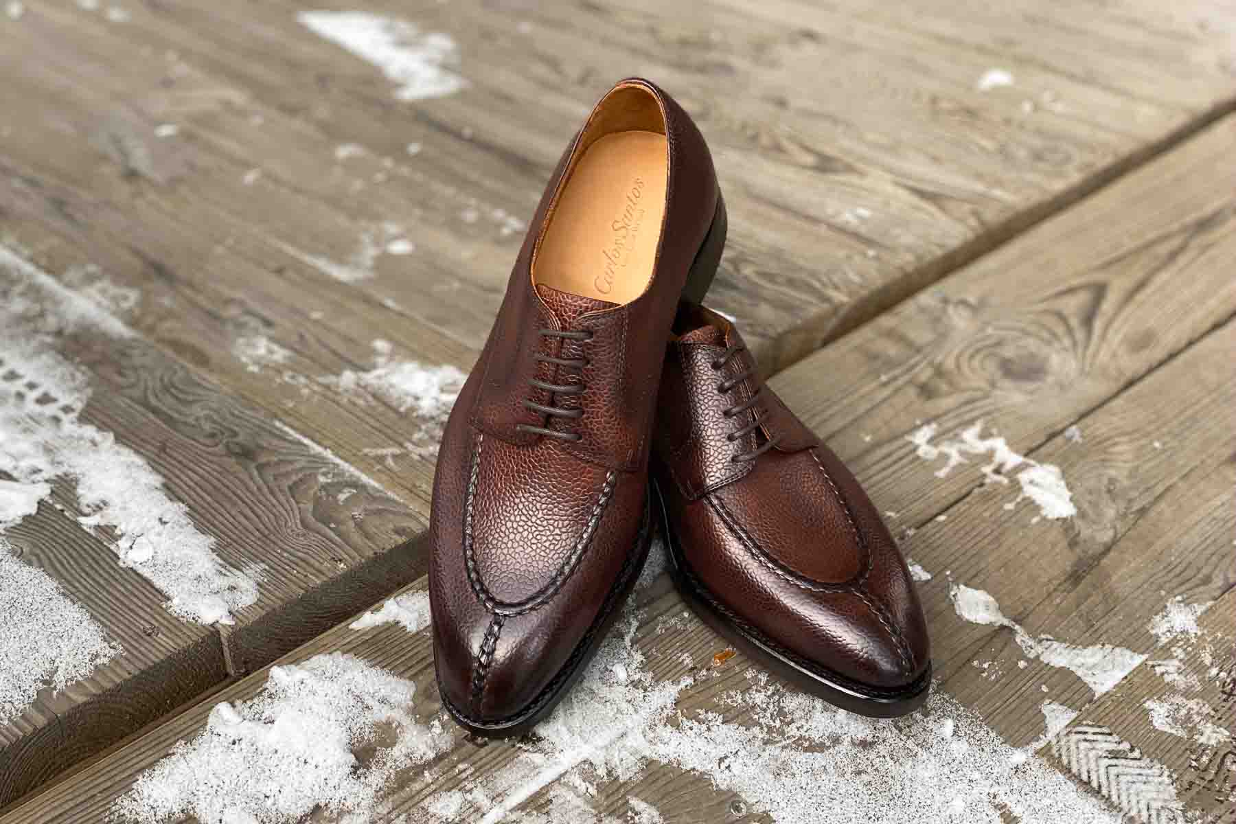 Carlos Santos 9131 Split-Toe Derby Shoes in Custom Scotchgrain Patina on Wooden Deck