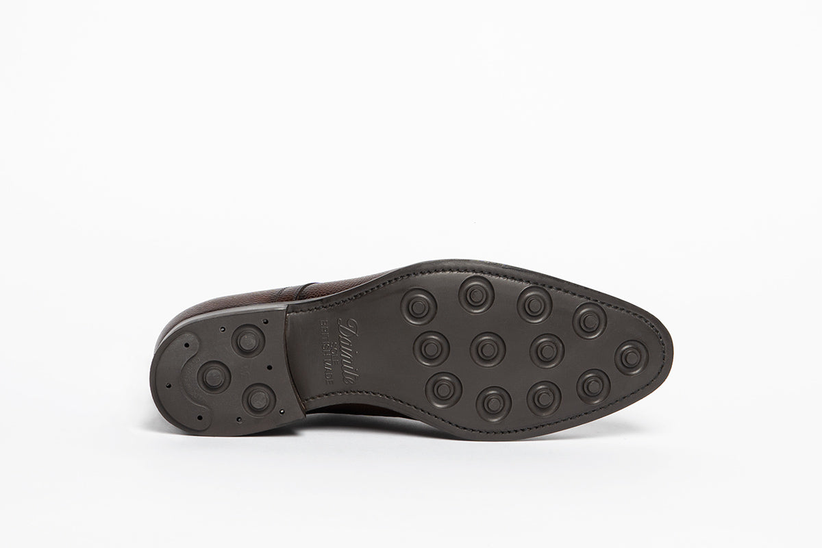 Sole view of Carlos Santos 9131 Split-Toe Derby in custom patina showing Dainite rubber sole for The Noble Shoe.