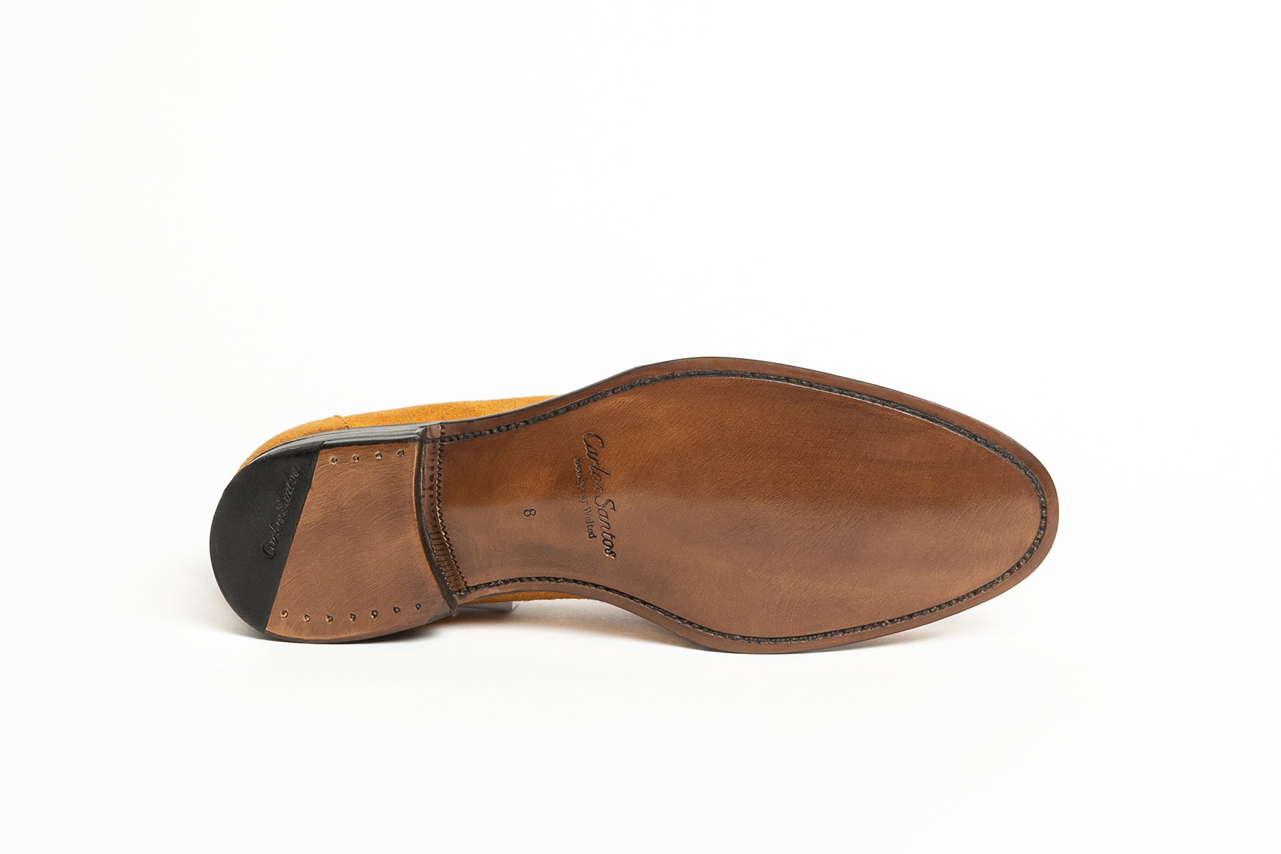 Bottom view of Carlos Santos 9176 Elliot Unlined Penny Loafers in dark brown suede, showcasing leather sole and craftsmanship