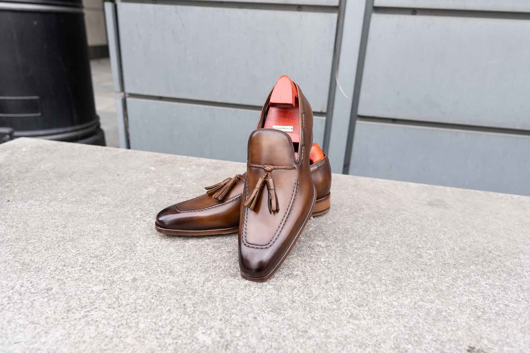 Carlos Santos Tassel Loafers, Algarve Patina (Mid-Brown) for Men, Size UK 9.5