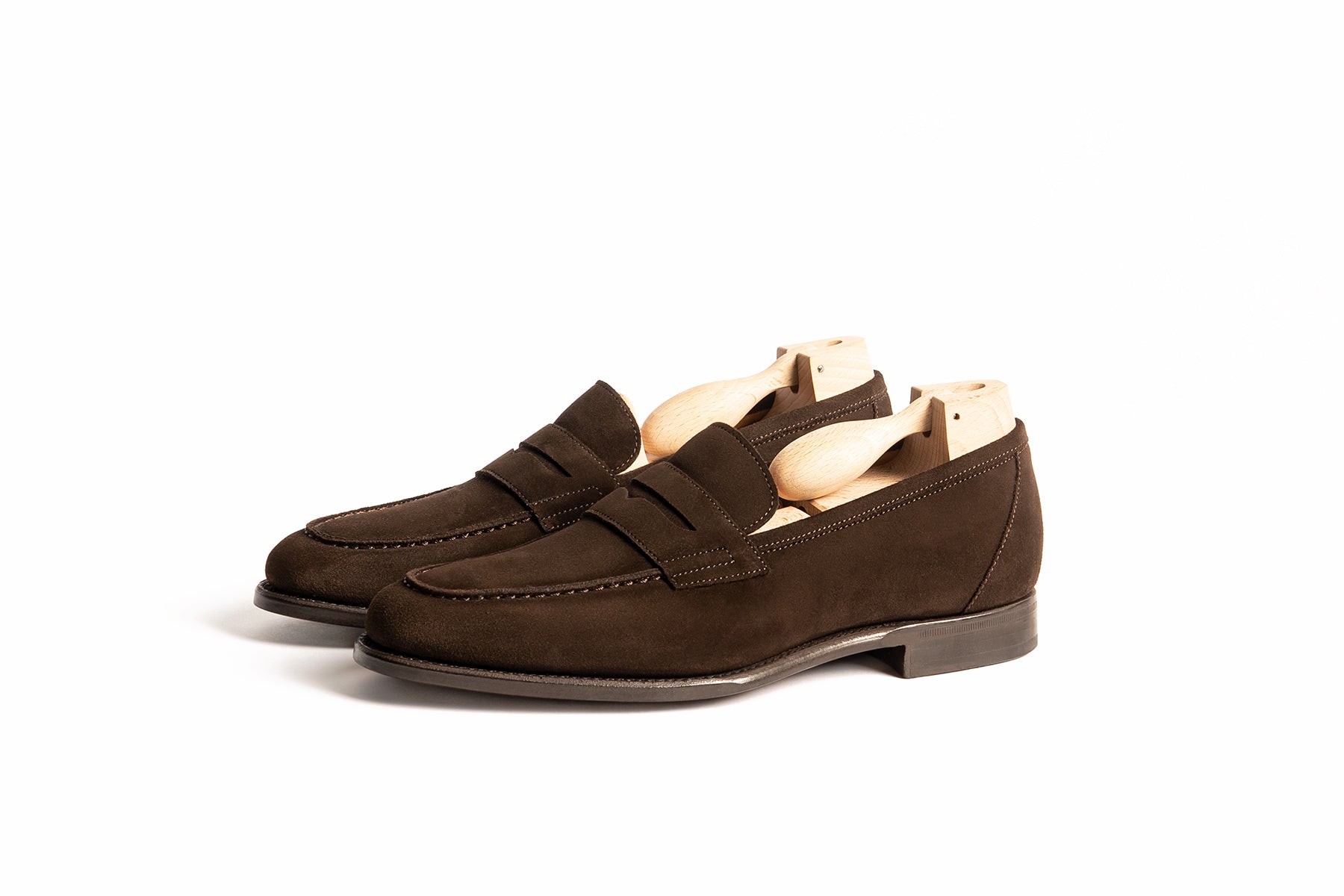 Carlos Santos 9176 Elliot Unlined Penny Loafers in dark brown suede with single leather sole and Goodyear Welted construction