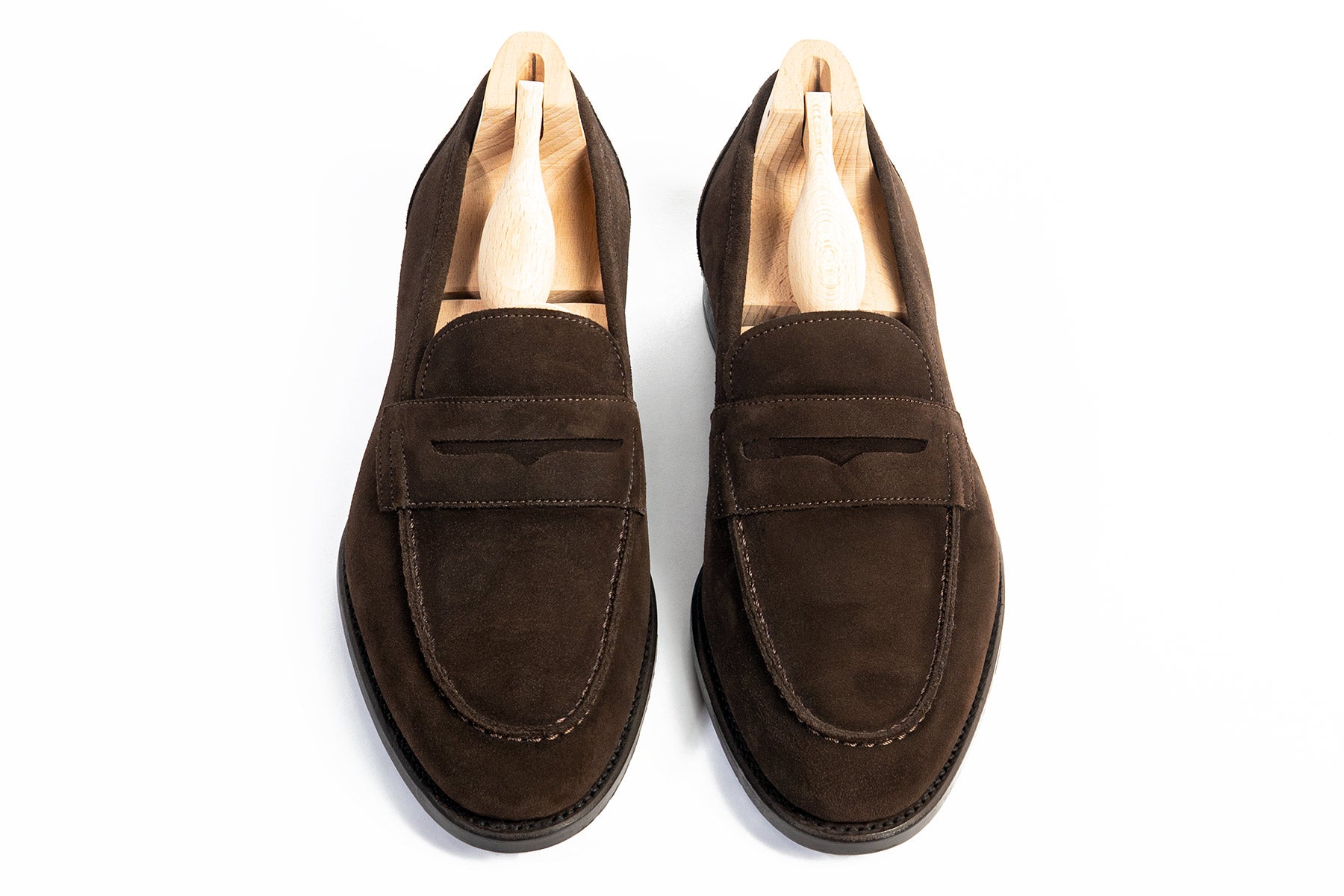 Carlos Santos 9176 Elliot Unlined Penny Loafers in Dark Brown Suede with shoe trees.