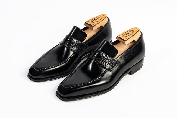 Enzo Bonafe Art. 3728 Penny Loafers In Black Calf & Shark Leather