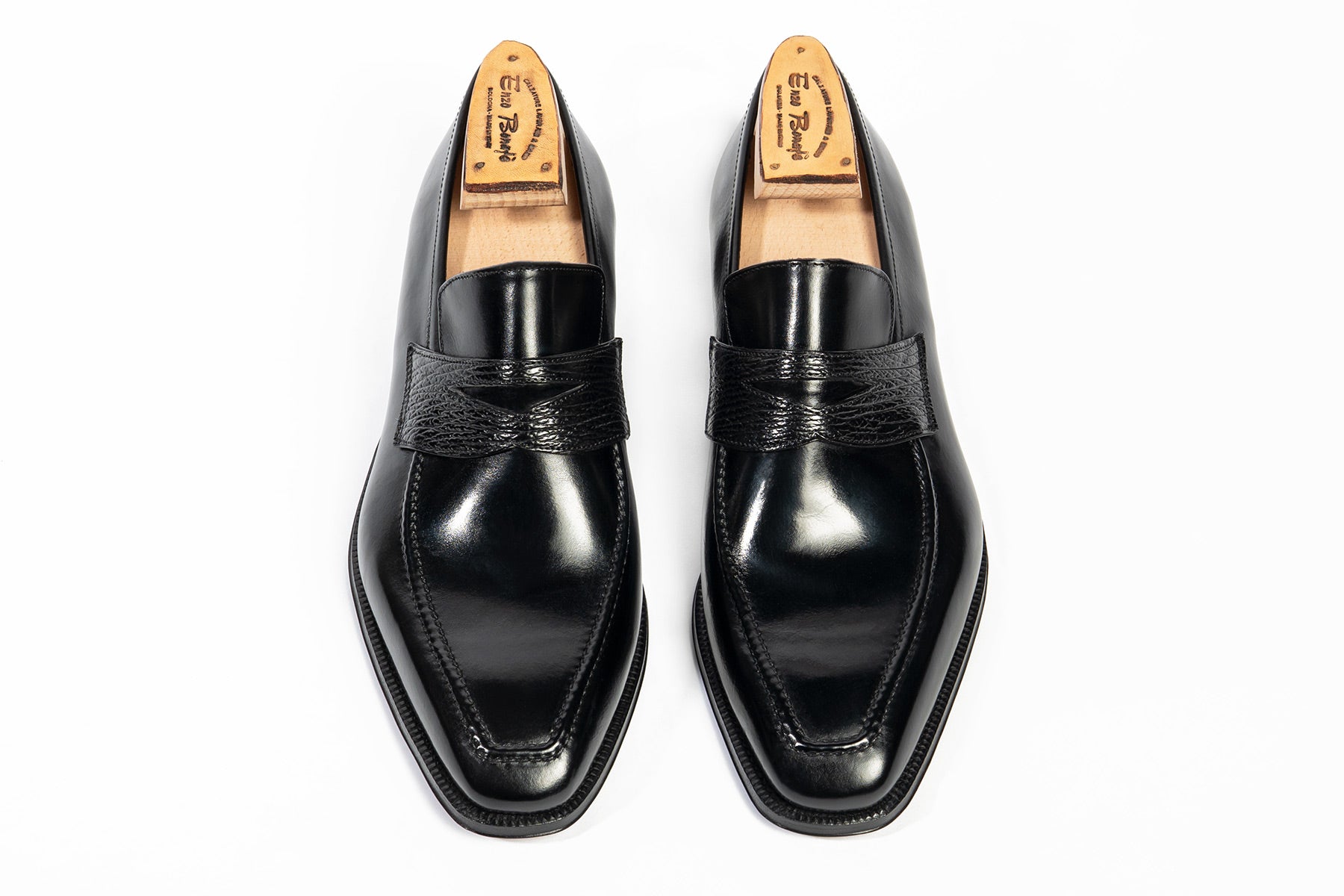 Enzo Bonafe Art. 3728 Penny Loafers In Black Calf & Shark Leather