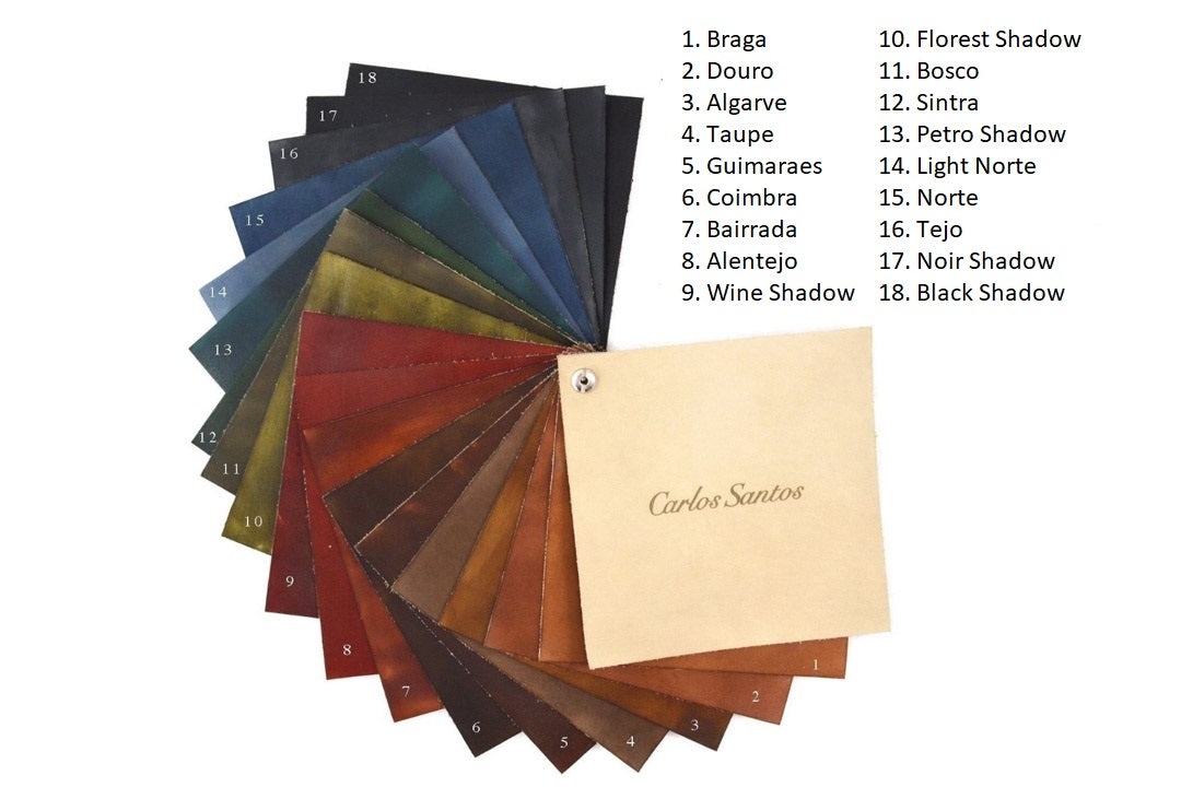 Carlos Santos leather patina options showing 18 different colors arranged in a fan shape.